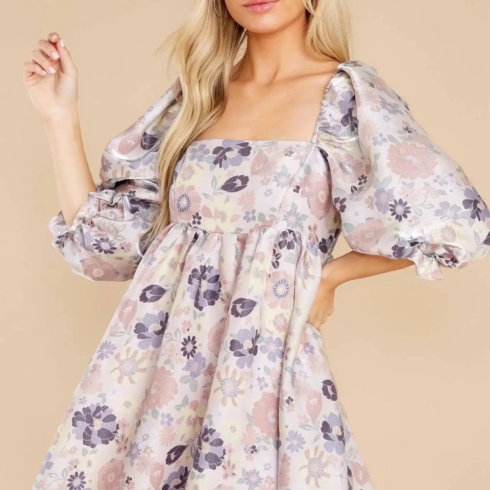 Storia Pastel Metallic Floral Puff Sleeve Dress
